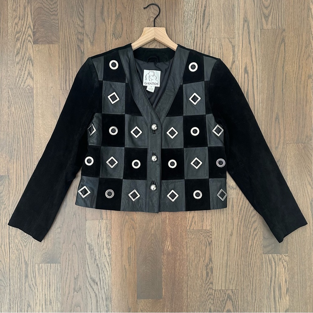 Vintage Gantos Leather and Suede Patchwork Studded Short Jacket in Black Medium